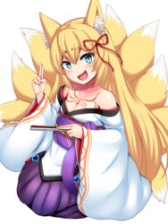  :d animal_ear_fluff animal_ears bare_shoulders blonde_hair blush breasts chest_tattoo cleavage_cutout clothing_cutout collarbone commentary_request female folding_fan fox_ears fox_girl fox_tail full_body green_eyes hair_ribbon hakama hakama_skirt hand_fan highres holding holding_fan index_finger_raised japanese_clothes kimono kitsune kneeling kyuubi long_hair looking_at_viewer mon-musu_quest! monster_girl multiple_tails obi open_mouth purple_hakama purple_sash raichi_(ddq0246) ribbon rope sash shimenawa simple_background skirt small_breasts smile solo tail tamamo_(mon-musu_quest!) tattoo white_background white_kimono 