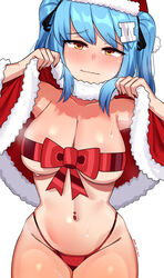  absurdres bikini blue_hair blush breasts capelet cleavage closed_mouth collarbone embarrassed female frown hat highres large_breasts looking_at_viewer navel_piercing orange_eyes original peps_art piercing red_bikini red_capelet red_nails red_ribbon ribbon ribbon_bra santa_hat simple_background solo sweat swimsuit twintails white_background 