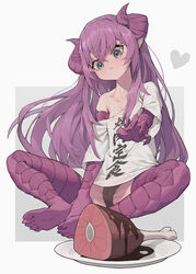  absurdres aqua_eyes black_panties blush boned_meat curled_horns female food highres horns iyasu_shikaku long_hair looking_at_food meat meikyuu_black_company panties petite pointy_ears purple_hair purple_horns purple_scales rimu_(meikyuu_black_company) scales shirt single_bare_shoulder single_off_shoulder solo underwear white_shirt 