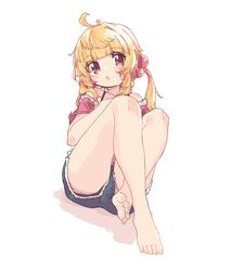  aoi_tori bare_legs bare_shoulders barefoot black_shorts blonde_hair blush chieri-chan_(aoi_tori) colored_shadow crossed_legs dorsiflexion feet female full_body hair_bobbles hair_ornament highres knees_up legs long_hair looking_at_viewer off-shoulder_shirt off_shoulder original parted_lips pink_shirt red_eyes shadow shirt short_shorts shorts side_ponytail simple_background sitting solo toenails toes white_background 