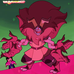  1:1 2_horns 4_arms alien alien_humanoid ambiguous_gender belt cartoon_network clothed clothing duo fan_character gem_(species) gem_fusion heart hi_res horn horned_humanoid human humanoid jasper_(gem) jasper_(steven_universe) mammal mane multi_arm multi_limb not_furry open_mouth open_smile smile spinel_(gem) spinel_(steven_universe) steven_quartz_universe steven_universe style_parody teeth thediamond637 toony 