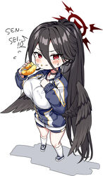  ^^^ absurdres angel_wings black_choker black_footwear black_hair black_wings blue_archive blush breasts choker closed_mouth eating feathered_wings female flying_sweatdrops food food_on_face full_body gym_shirt gym_uniform hair_between_eyes halo hasumi_(blue_archive) hasumi_(track)_(blue_archive) highres holding holding_food jacket large_breasts long_hair long_hair_between_eyes long_sleeves looking_at_viewer mole mole_under_eye neropaso official_alternate_costume official_alternate_hairstyle ponytail red_eyes red_halo shirt shoes simple_background socks solo track_jacket very_long_hair white_background white_shirt white_socks wings 