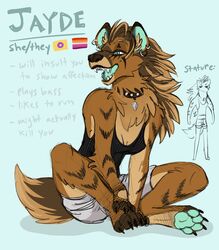  anthro bottomwear brown_body brown_fur claws clothed clothing collar ear_piercing ear_ring fangs female fur green_pawpads green_tongue hi_res hyena intersex_(lore) intersex_pride_colors jayde_(pineconepaladin) lesbian_pride_colors lgbt_pride mammal model_sheet orange_lesbian_pride_colors pawpads paws piercing pineconepaladin pride_colors ring_piercing shirt shorts sitting solo subculture_pride_colors tail tank_top teeth tongue topwear 