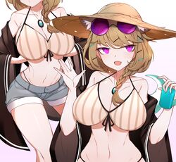  2girls absurdres animal_ear_fluff arknights bikini braid breasts brown_hair chinese_commentary choumi_wuti_(xueye_fanmang_zhong) cleavage collarbone commentary eyewear_on_head hair_over_shoulder highres jewelry large_breasts multiple_girls navel necklace open_clothes open_mouth purple-tinted_eyewear purple_eyes short_shorts shorts simple_background single_braid slit_pupils smile striped_bikini striped_clothes sunglasses swimsuit tail tinted_eyewear upper_body utage_(arknights) utage_(summer_flowers)_(arknights) white_background wide_sleeves 