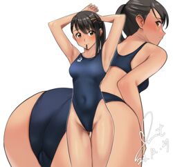  ass black_hair blush breasts brown_eyes commentary_request commission competition_swimsuit covered_navel dated female hair_ornament hair_tie hair_tie_in_mouth highleg highleg_swimsuit highres iwato_suzume looking_at_viewer mouth_hold one-piece_swimsuit pixiv_commission ponytail signature simple_background solo suzume_no_tojimari swimsuit thigh_gap yoo_tenchi 