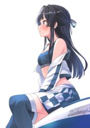  absurdres b1ack_illust bare_shoulders black_hair black_shirt black_skirt black_thighhighs blue_eyes blunt_bangs blunt_ends blush breasts checkered_clothes checkered_skirt cleavage coat commentary_request female hair_ribbon halter_shirt halterneck highres idolmaster idolmaster_million_live! idolmaster_million_live!_theater_days lamborghini mogami_shizuka off_shoulder parted_lips pleated_skirt race_queen ribbon shirt sidelocks simple_background sitting skirt small_breasts solo thighhighs white_background white_coat white_skirt zettai_ryouiki 