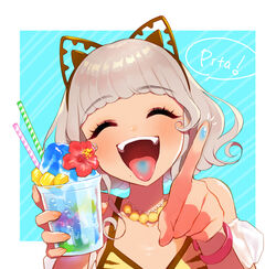  :d ^_^ animal_ears animal_print bikini blue_background blue_tongue bracelet brown_hairband cat_ears closed_eyes colored_tongue commentary_request cup curly_hair drinking_straw facing_viewer female flower food grey_hair hairband hands_up hibiscus holding holding_cup index_finger_raised jewelry necklace open_mouth oshiri_(o4ritarou) pretty_series pripara red_flower shaved_ice short_hair smile solo speech_bubble swimsuit taiyo_pepper tan tiger_print tongue tongue_out upper_body yellow_bikini 