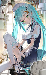  apron aqua_hair ballet_slippers birdcage blue_dress blurry cage commentary_request depth_of_field dress faruzan_(cafe)_(genshin_impact) faruzan_(genshin_impact) female frilled_apron frills from_side genshin_impact green_eyes hair_between_eyes hair_ornament head_tilt indoors knee_up lamp long_hair looking_at_viewer maid maid_apron maid_headdress puffy_short_sleeves puffy_sleeves revision scottie_(phantom2) shirt short_sleeves sitting sitting_on_object solo thighhighs twintails waist_apron white_headdress white_headwear white_shirt white_thighhighs white_wrist_cuffs wrist_cuffs x_hair_ornament 