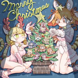  6+girls absurdres african_penguin_(kemono_friends) animal_ears bara_bara_(pop_pop) brown_eyes brown_hair brown_long-eared_bat_(kemono_friends) caracal_(kemono_friends) cat_ears cat_girl cat_tail christmas christmas_ornaments christmas_tree coyote_(kemono_friends) dire_wolf_(kemono_friends) elbow_gloves extra_ears geoffroy&#039;s_cat_(kemono_friends) gloves green_eyes grey_hair highres humboldt_penguin_(kemono_friends) island_fox_(kemono_friends) jungle_cat_(kemono_friends) kemono_friends kemono_friends_v_project large-spotted_genet_(kemono_friends) leotard long_hair merry_christmas multiple_girls ribbon shoes siberian_chipmunk_(kemono_friends) tail twintails virtual_youtuber 