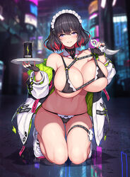  bikini breasts covered_nipples energy_drink female fingerless_gloves gloves holding holding_tray jacket javelin_(nidy) karambit large_breasts maid maid_bikini maid_headdress midriff multicolored_hair navel nidy original swimsuit tray two-tone_hair unconventional_maid 