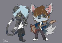  2017 anthro artist_name black_bottomwear black_clothing black_eyes black_nose black_pants blue_clothing blue_hair blue_jacket blue_topwear bottomwear brown_hair canid canine canis chibi clothing crossover darui_(naruto) duo felid full-length_portrait fur grey_background grey_body grey_ears grey_fur grey_tail guitar hair holding_guitar holding_musical_instrument holding_object jacket kemono kintaurus_(show_by_rock!!) male mammal musical_instrument naruto pantherine pants pink_inner_ear plucked_string_instrument portrait sanrio shaded show_by_rock!! simple_background string_instrument tail temitess topwear wolf yellow_sclera 