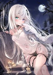  aqua_eyes black_collar black_panties breasts cande collar cross crossed_legs dress fading female full_moon ghost_(kakao_rantan) ghost_girl graveyard heterochromia highres kakao_rantan long_hair long_sleeves looking_at_viewer moon navel night original panties patchwork_clothes purple_eyes see-through see-through_dress small_breasts smile stomach studded_collar tombstone torn_clothes torn_dress underwear very_long_hair white_dress wide_sleeves 