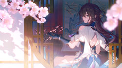  absurdres bare_shoulders black_hair blue_dress blue_eyes blue_gloves capelet cherry_blossoms clothing_cutout commentary_request coyucom dress female gloves highres honkai:_star_rail honkai_(series) long_hair looking_at_viewer ruan_mei_(honkai:_star_rail) shoulder_cutout sitting solo white_capelet 