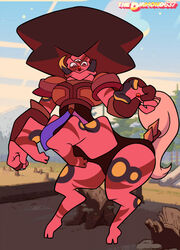  3_eyes alien alien_humanoid ambiguous_gender armor cartoon_network centaur cloven_hooves detailed_background equid equid_taur fan_character frown fusion garnet_(steven_universe) gem gem_(species) gem_fusion hair hi_res hooves humanoid humanoid_taur jasper_(steven_universe) mammal mammal_taur multi_eye red_body solo spots spotted_body steven_universe striped_body stripes style_parody tail taur thediamond637 toony tusks 