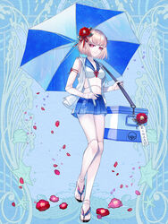  blue_background blue_sailor_collar blue_skirt camellia cooler dairoku_ryouhei doll_joints feet female flip-flops flower full_body hair_flower hair_ornament hanazono_tsubaki_(dairoku_ryouhei) highres jacket joints legs light_brown_hair looking_at_viewer midriff red_eyes sailor_collar sandals skirt solo standing toenails toes umbrella white_jacket yusa_tk74 