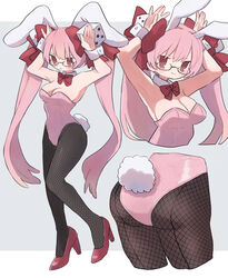  animal_ears arms_up ass bare_shoulders black-framed_eyewear black_pantyhose blush bow breasts brown_eyes cleavage closed_mouth collarbone di_gi_charat female fishnet_pantyhose fishnets glasses hairbow high_heels highres large_breasts leotard looking_at_viewer multiple_views pantyhose pink_hair pink_leotard playboy_bunny rabbit_ears rabbit_girl rabbit_tail red_bow red_footwear ri_(qrcode) smile tail twintails usada_hikaru wrist_cuffs 