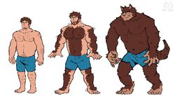  2023 anthro arm_hair barefoot beard biceps body_hair body_size_growth bottomwear brown_body brown_fur canid canine canis chest_hair clothing facial_hair feet fur grin growth hairy_legs half_naked happy_trail hi_res human human_to_anthro hunched_over leg_hair looking_at_viewer male mammal muscle_growth muscular muscular_anthro muscular_male mythological_canine mythological_creature mythology navel pecs sequence shirtless_male shorts simple_background size_transformation smile solo species_transformation standing transformation transformation_sequence were werecanid werecanine werewolf werewolfyaoi white_background wolf 