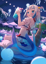  bare_back bare_shoulders bikini blue_eyes blue_hair blunt_bangs comiket_103 female fins fish_tail gawr_gura highres hololive hololive_english innertube looking_at_viewer medium_hair midriff multicolored_hair open_mouth palm_tree petite pool shark_girl shark_tail solo stitches streaked_hair swim_ring swimsuit tail tree two_side_up uchako umbrella virtual_youtuber white_hair 