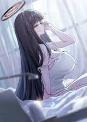  absurdres bed_sheet black_hair blue_archive blush breasts bright_pupils camisole curtains female from_side halo highres huge_breasts indoors long_hair profile red_eyes rio_(blue_archive) sitting solo white_camisole white_pupils window yuki_(asayuki101) 