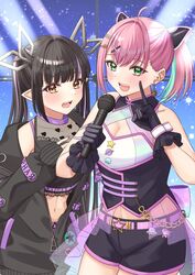  2girls belt black_gloves black_hair black_jacket black_shirt black_shorts black_vest blunt_bangs blush breasts chains cleavage commentary_request commission cowboy_shot crop_top demon_girl demon_horns gloves green_eyes hair_between_eyes hair_ornament hairclip heart heart_print holding holding_microphone horns indie_virtual_youtuber jacket kojo_anna kojo_anna_(1st_costume) long_hair long_sleeves medium_bangs medium_breasts microphone midriff multicolored_hair multiple_girls nanashi_inc. navel off_shoulder open_clothes open_jacket open_mouth pink_belt pink_hair pointy_ears print_shirt purple_hair sakuragi_miria second-party_source see-through see-through_shirt shirt short_hair shorts skeb_commission sleeveless sleeveless_shirt smile star-shaped_buckle star_(symbol) tsukishiro_mio twintails two-tone_hair vest virtual_youtuber x_hair_ornament yellow_eyes zipper 