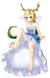  antlers bare_legs barefoot blonde_hair doge_(jkdoge) dragon_girl dragon_horns dragon_tail female highres horns kicchou_yachie red_eyes short_hair smile soles solo tail touhou turtle_shell yellow_horns 