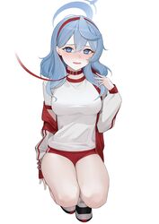  ako_(blue_archive) ako_(track)_(blue_archive) animal_collar blue_archive blue_eyes blue_hair blue_halo blush breasts buruma collar female full_body gym_shirt gym_uniform hair_between_eyes halo highres jacket kuen_(kuennn12) large_breasts leash long_hair long_sleeves looking_at_viewer open_clothes open_jacket open_mouth red_buruma shirt short_sleeves simple_background solo white_background white_jacket white_shirt 