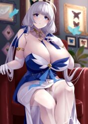  armlet azur_lane bare_shoulders blue_eyes blunt_bangs blush breasts cleavage dress elbow_gloves feet_out_of_frame female gloves highres huge_breasts illustrious_(azur_lane) illustrious_(soft_light_and_a_melody)_(azur_lane) long_hair looking_at_viewer mole mole_under_eye official_alternate_costume parted_lips sitting solo thighlet thighs wee_(weeyy) white_dress white_gloves 