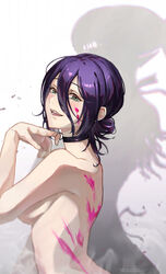  absurdres bad_id bad_pixiv_id black_choker black_hair blood blood_on_face blush bomb_devil_(chainsaw_man) breasts chainsaw_man choker commentary completely_nude convenient_arm different_shadow english_commentary female green_eyes hair_between_eyes hair_bun highres koage looking_at_viewer medium_breasts nude pink_blood reze_(chainsaw_man) shadow short_hair simple_background single_hair_bun smile solo teeth white_background 