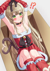  @_@ alternate_costume armpits arms_up bell black_choker blonde_hair bound bound_wrists box breasts cat_feet cat_girl cat_tail choker closed_mouth commentary_request detached_sleeves dress female fur-trimmed_dress fur-trimmed_sleeves fur_trim genshin_impact green_eyes highres in_box in_container kirara_(genshin_impact) long_hair mikoto_(0709mikoto) multiple_tails neck_bell nekomata red_dress red_leg_warmers red_sleeves santa_costume santa_dress simple_background solo strapless strapless_dress tail two_tails 