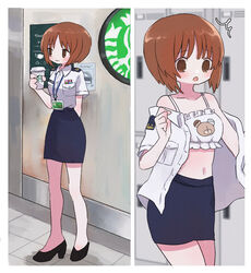  black_footwear black_skirt boko_(girls_und_panzer) bra brown_eyes brown_hair closed_mouth collarbone female girls_und_panzer high_heels highres indoors locker locker_room looking_at_viewer nishizumi_miho open_mouth pencil_skirt ri_(qrcode) skirt solo starbucks underwear undressing white_bra 