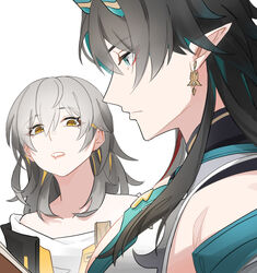  1boy 625light absurdres aqua_eyes bare_shoulders black_hair commentary_request dan_heng_(honkai:_star_rail) dan_heng_(imbibitor_lunae)_(honkai:_star_rail) drooling female from_side girl_staring_at_guy&#039;s_chest_(meme) grey_hair highres honkai:_star_rail honkai_(series) horns long_hair meme mouth_drool off-shoulder_shirt off_shoulder pointy_ears profile shirt simple_background stelle_(honkai:_star_rail) three_quarter_view trailblazer_(honkai:_star_rail) upper_body white_background white_shirt yellow_eyes 