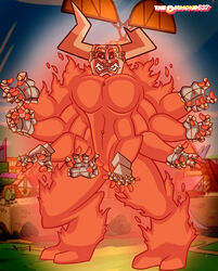  2_horns 8_arms alien anthro cartoon_network detailed_background digitigrade elemental_creature fan_character fangs featureless_crotch fire fire_creature fusion gem gem_(species) gem_fusion hi_res horn jasper_(steven_universe) male multi_arm multi_limb obsidian_(steven_universe) solo standing steven_universe teeth thediamond637 toony 