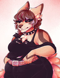  alternative_fashion anthro bare_shoulders belly belt big_belly breasts brown_hair canid canine clothing collar female fox fur fur_tuft goth hair hand_on_belt hi_res highlights_(coloring) mammal monsterbetch orange_body orange_fur overweight overweight_anthro overweight_female purple_highlights schopenhauer simple_background solo spiked_collar spikes studded_belt studs topwear torn_clothing torn_topwear trans_(lore) trans_woman_(lore) tuft unimpressed wide_hips 