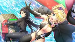  2girls black_cape bodysuit breasts cape cosplay dolphin_wave earrings elbow_gloves garter_straps gloves green_eyes hat highres izumi_kiri jewelry kurose_minami long_hair looking_back multiple_girls oerba_yun_fang official_art one_eye_closed ootomo_takuji open_mouth purple_eyes senran_kagura shiki_(senran_kagura) shiki_(senran_kagura)_(cosplay) short_hair side_ponytail thighhighs v very_long_hair 