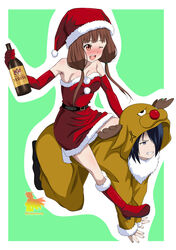  1boy ;d absurdres all_fours alternate_costume anger_vein angry animal_costume antlers artist_name bare_shoulders belt black_belt black_hair blunt_bangs blush boots border bottle brand_name_imitation breasts brown_eyes brown_hair christmas cleavage clenched_teeth collarbone commentary_request cosplay cowgirl_position dress drunk elbow_gloves eyelashes fake_antlers feather-trimmed_sleeves female full-face_blush full_body fur-trimmed_boots fur-trimmed_dress fur_trim gloves green_background hand_up happy hat highres holding holding_bottle hood hood_up horns iino_miko ishigami_yuu kaguya-sama_wa_kokurasetai_~tensai-tachi_no_renai_zunousen~ kigurumi long_hair looking_afar low_twintails metaminegl one_eye_closed open_mouth pom_pom_(clothes) red_gloves red_nose reindeer_antlers reindeer_costume santa_boots santa_costume santa_dress santa_hat short_dress short_hair simple_background sitting small_breasts smile spanish_commentary straight strapless strapless_dress teeth twintails upper_teeth_only white_border 