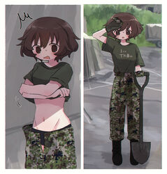  akiyama_yukari arm_up black_panties breasts brown_eyes brown_hair camouflage camouflage_pants clothes_lift female girls_und_panzer green_shirt highres holding holding_shovel looking_at_viewer medium_breasts navel open_mouth panties pants ri_(qrcode) shirt shirt_lift short_hair short_sleeves shovel solo standing sweat underwear undressing wiping_sweat 