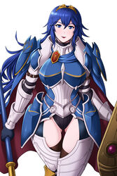  absurdres armor armored_boots ass_visible_through_thighs black_leotard blue_eyes blue_hair boots cape cowboy_shot female fire_emblem fire_emblem_awakening fire_emblem_heroes hair_between_eyes highleg highleg_leotard highres holding holding_shield holding_weapon leotard long_hair looking_at_viewer lucina_(fate&#039;s_resolve)_(fire_emblem) lucina_(fire_emblem) official_alternate_costume rakusai_(saisai_garou) shield shoulder_armor simple_background smile solo thighhighs thighs tiara weapon white_background 