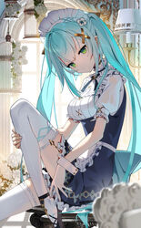  apron aqua_hair ballet_slippers birdcage blue_dress blurry cage commentary depth_of_field dress faruzan_(cafe)_(genshin_impact) faruzan_(genshin_impact) female frilled_apron frills from_side genshin_impact green_eyes hair_between_eyes hair_ornament head_tilt indoors knee_up lamp long_hair looking_at_viewer maid_apron maid_headdress puffy_short_sleeves puffy_sleeves scottie_(phantom2) shirt short_sleeves sitting sitting_on_object solo thighhighs twintails waist_apron white_headdress white_headwear white_shirt white_thighhighs white_wrist_cuffs wrist_cuffs x_hair_ornament 