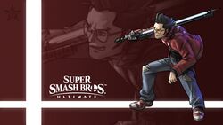  1boy absurdres beam_katana black_hair commentary commission denim energy_sword gloves highres jacket jeans male_focus nin_nakajima no_more_heroes pants shirt simple_background smile solo sunglasses super_smash_bros. sword travis_touchdown weapon zoom_layer 