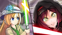  2girls akikawa_yayoi_(umamusume) alternate_eye_color alternate_hair_color blue_eyes blue_flower collarbone cosplay ctn_sasuke energy_sword flower green_lightsaber hat hayakawa_tazuna holding holding_lightsaber holding_weapon horseshoe_ornament lightsaber multicolored_hair multiple_girls orange_hair palpatine palpatine_(cosplay) parody red_lightsaber robe scene_reference sidelocks star_wars star_wars:_revenge_of_the_sith streaked_hair sun_hat sword umamusume weapon white_hair white_headwear yellow_eyes yoda yoda_(cosplay) 