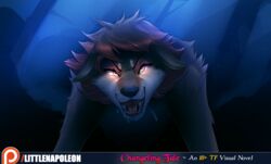  2018 angry anthro black_nose bodily_fluids canid canine changeling_tale english_text female hair jessie_(changeling_tale) littlenapoleon looking_at_viewer mammal mythological_canine mythological_creature mythology night open_mouth red_hair saliva solo text watsup were werecanid werecanine werewolf 