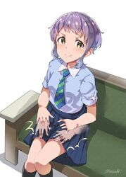  :&lt; black_socks blue_shirt blue_skirt breasts commentary_request couch female highres idolmaster idolmaster_million_live! lap_pillow_invitation legs looking_at_viewer makabe_mizuki necktie pleated_skirt purple_hair shirt short_hair short_sleeves sidelocks signature sitting skirt slapping small_breasts socks solo thighs v-shaped_eyebrows white_background wing_collar yanagita_kousuke yellow_eyes 