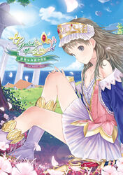  atelier_(series) atelier_totori bare_shoulders blue_jacket blue_sky boots breasts closed_mouth content_rating cover cover_page day doujin_cover dress female from_side grey_eyes grey_hair hairband highres jacket ken-1 long_hair looking_at_viewer on_grass open_clothes open_jacket outdoors pink_dress purple_footwear sitting sky small_breasts smile solo totooria_helmold tree 