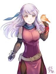  animal_on_hand bangle bare_shoulders belt bird bird_on_hand black_gloves black_pantyhose blue_scarf bracelet dress elbow_gloves female fingerless_gloves fire_emblem fire_emblem:_radiant_dawn gloves grey_hair hair_ribbon half_updo jewelry long_hair micaiah_(fire_emblem) pantyhose ribbon scarf side_slit signature simple_background sleeveless sleeveless_dress solo tarayuki white_background yellow_eyes yune_(fire_emblem) 