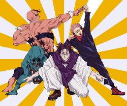  3boys arm_up bad_id bad_twitter_id black_hair black_jacket black_pants black_sclera blank_eyes bleeding blood blood_on_face brothers brown_footwear choso_(jujutsu_kaisen) closed_mouth colored_sclera dragon_ball dragon_ball_z eso_(jujutsu_kaisen) facial_tattoo full_body gakuran ginyu_force_pose group_pose highres hood hood_down hoodie itadori_yuuji jacket jojoradio49461 jujutsu_kaisen jujutsu_tech_uniform kechizu_(jujutsu_kaisen) long_sleeves looking_at_viewer male_focus monster multiple_boys on_one_knee open_mouth pants red_hoodie school_uniform shirt shoes short_hair short_twintails siblings smile standing sunburst sunburst_background sweatdrop tattoo teeth twintails white_pants white_shirt wide_sleeves wrist_cuffs 