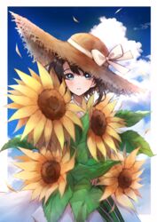  absurdres alternate_costume bad_id bad_pixiv_id black_hair blue_sky cloud cloudy_sky dress female flower green_eyes hat highres holding holding_flower hololive looking_at_viewer mashiro_io mixed-language_commentary oozora_subaru open_mouth outdoors short_hair sky solo straw_hat sundress sunflower swept_bangs virtual_youtuber white_dress yellow_flower 