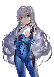  blue_gloves bodysuit bronya_zaychik closed_mouth cosplay cowboy_shot earrings expressionless female ginklaga gloves grey_eyes grey_hair hair_between_eyes hair_ornament hand_on_own_arm highres honkai_(series) honkai_impact_3rd ikari_shinji ikari_shinji_(cosplay) jewelry long_hair looking_at_viewer multicolored_bodysuit multicolored_clothes neon_genesis_evangelion plugsuit simple_background solo very_long_hair white_background 