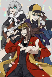  1boy 2girls ahoge baseball_cap blonde_hair brown_gloves brown_hair capelet clenched_teeth cloak coat confetti electric_guitar fate/grand_order fate_(series) fender_stratocaster fur-trimmed_capelet fur-trimmed_sleeves fur_trim gloves gray_(fate) grey_background grey_hair guitar hat highres holding holding_instrument holding_microphone instrument long_hair looking_at_viewer lord_el-melloi_ii lord_el-melloi_ii_case_files microphone multiple_girls nonone_(the9thxsheep) paripi_koumei parody red_coat reines_el-melloi_archisorte scarf shutter_shades simple_background stole teeth waver_velvet 