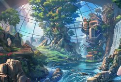  arch blue_sky bridge building cloud day dome fantasy flower gable_roof gazebo gears highres light_rays original out_of_frame outdoors river rock scenery sky soraizumi sunlight tree treehouse unfinished water waterfall 