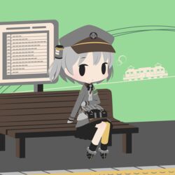  bench black_skirt blush chibi cobalta female grey_hair hat looking_at_viewer parted_lips pleated_skirt rail_romanesque shirogane_(rail_romanesque) short_hair sitting skirt solo train 